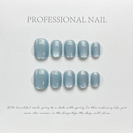 Azure Blue Cat Eye Round Nail Handmade Press On Nail