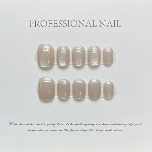 Nude Cat Eye Round Nail Handmade Press On Nail