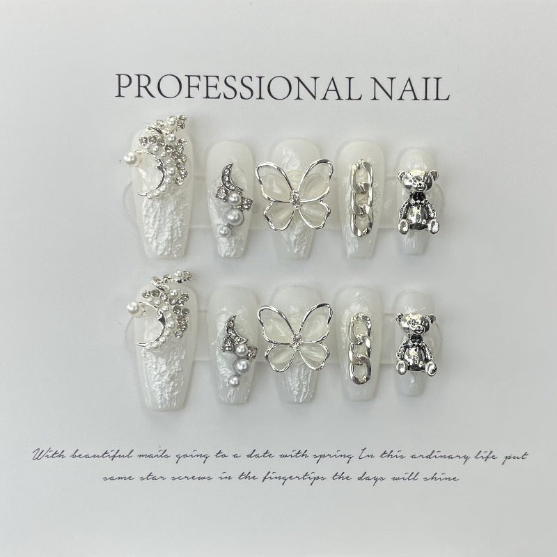 Heavy Duty Butterfly Bear White Nail Handmade Press On Nail