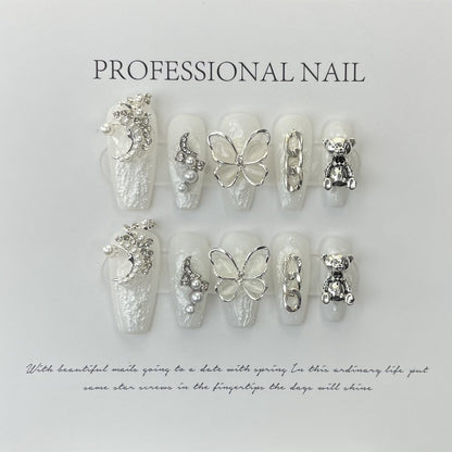 Heavy Duty Butterfly Bear White Nail Handmade Press On Nail