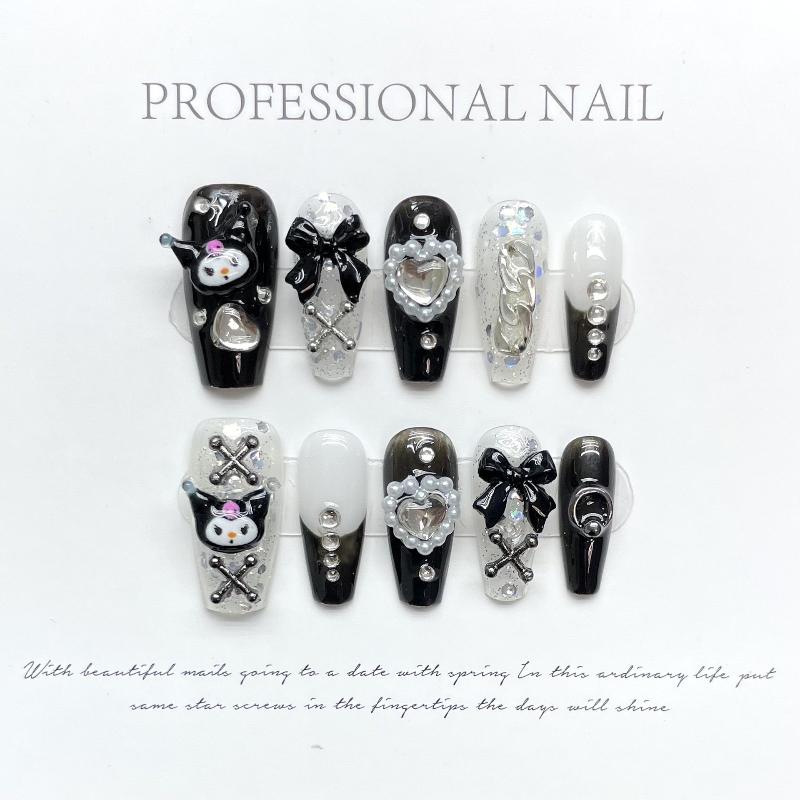 Bowknot Black Kurumi Handmade Press On Nail