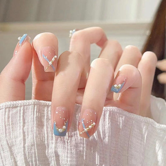 Gentle Blue and Green Pearl Nail Handmade Press On Nail