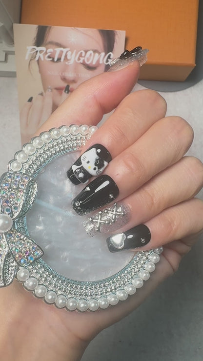 Black Hellokitty  Handmade Press On Nail